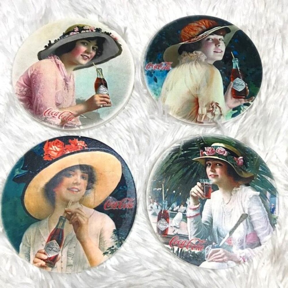 NWOT Set of 4 Vintage Coca-Cola 'Ladies in Hats' Stoneware Natural Cork Coasters